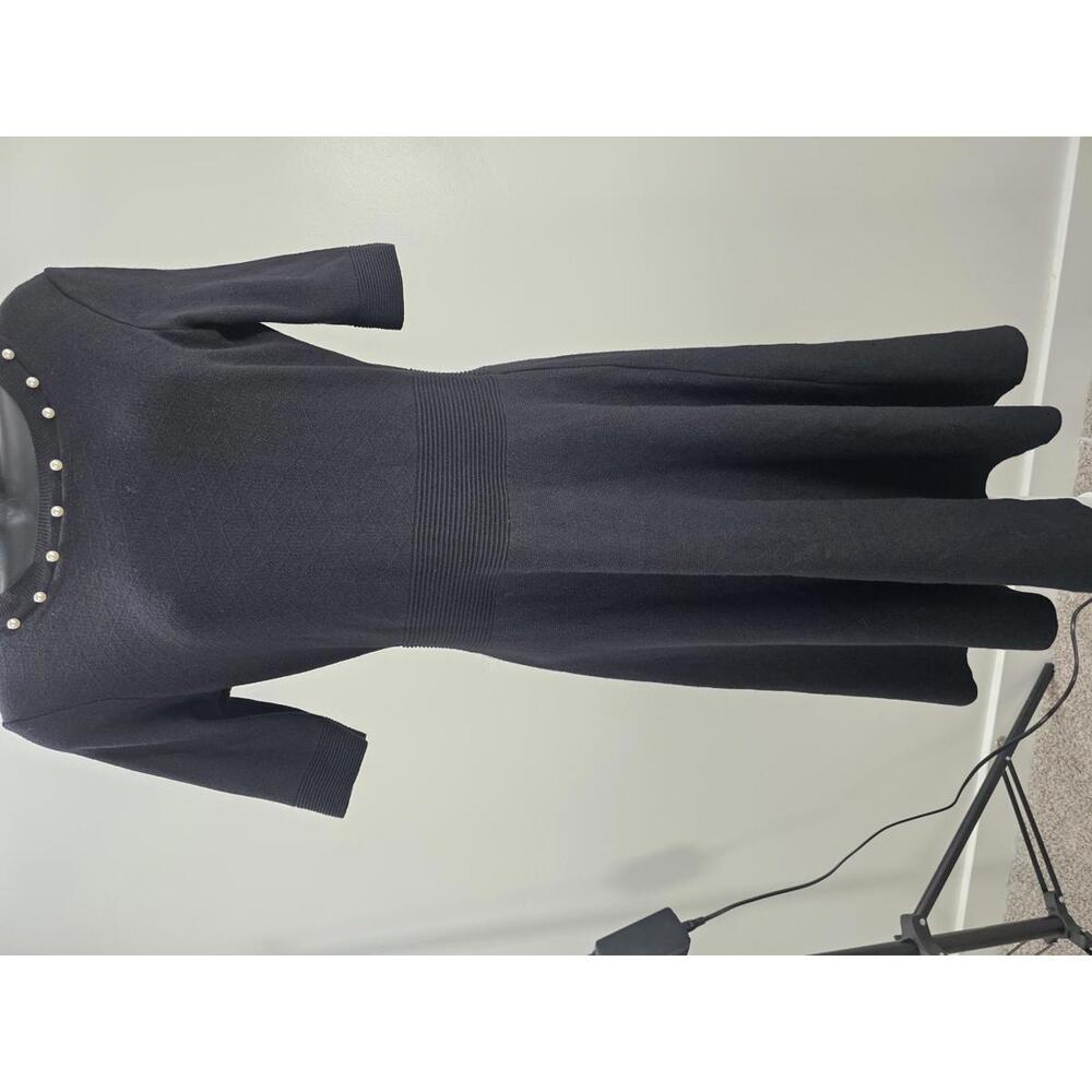 Gabby Style Elegant Black Knit Dress with Pearl Detail